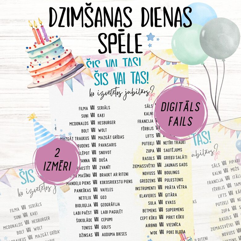 Dzimšanas dienas spēle - Šis vai tas, digitāls PDF fails